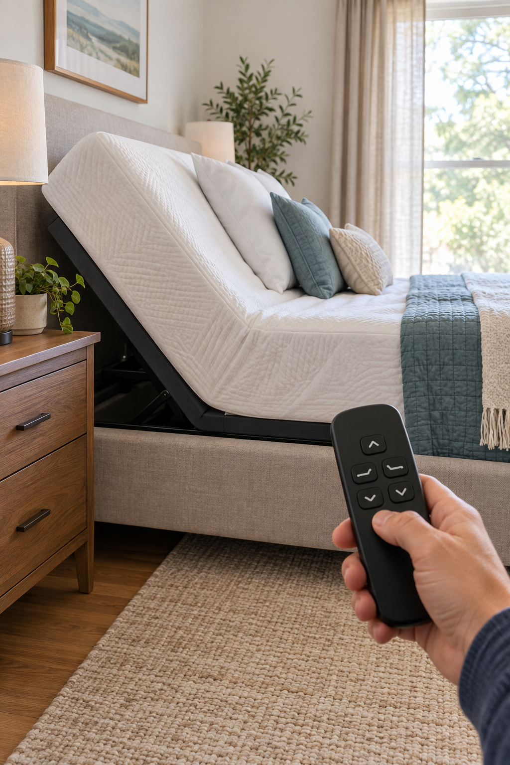 Pressing the down button on an adjustable bed remote while the bed remains raised