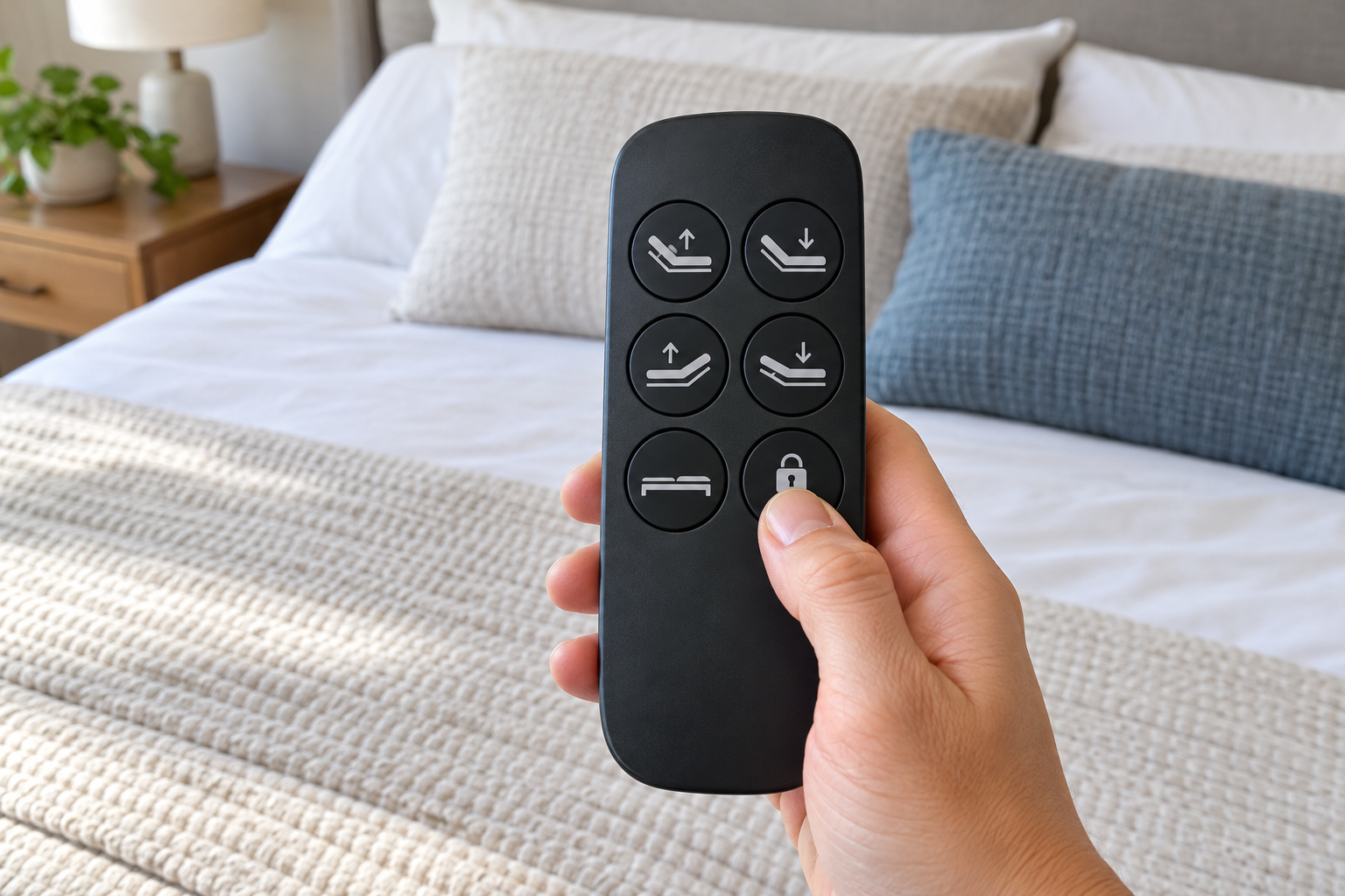 Holding the lock button on an adjustable bed remote