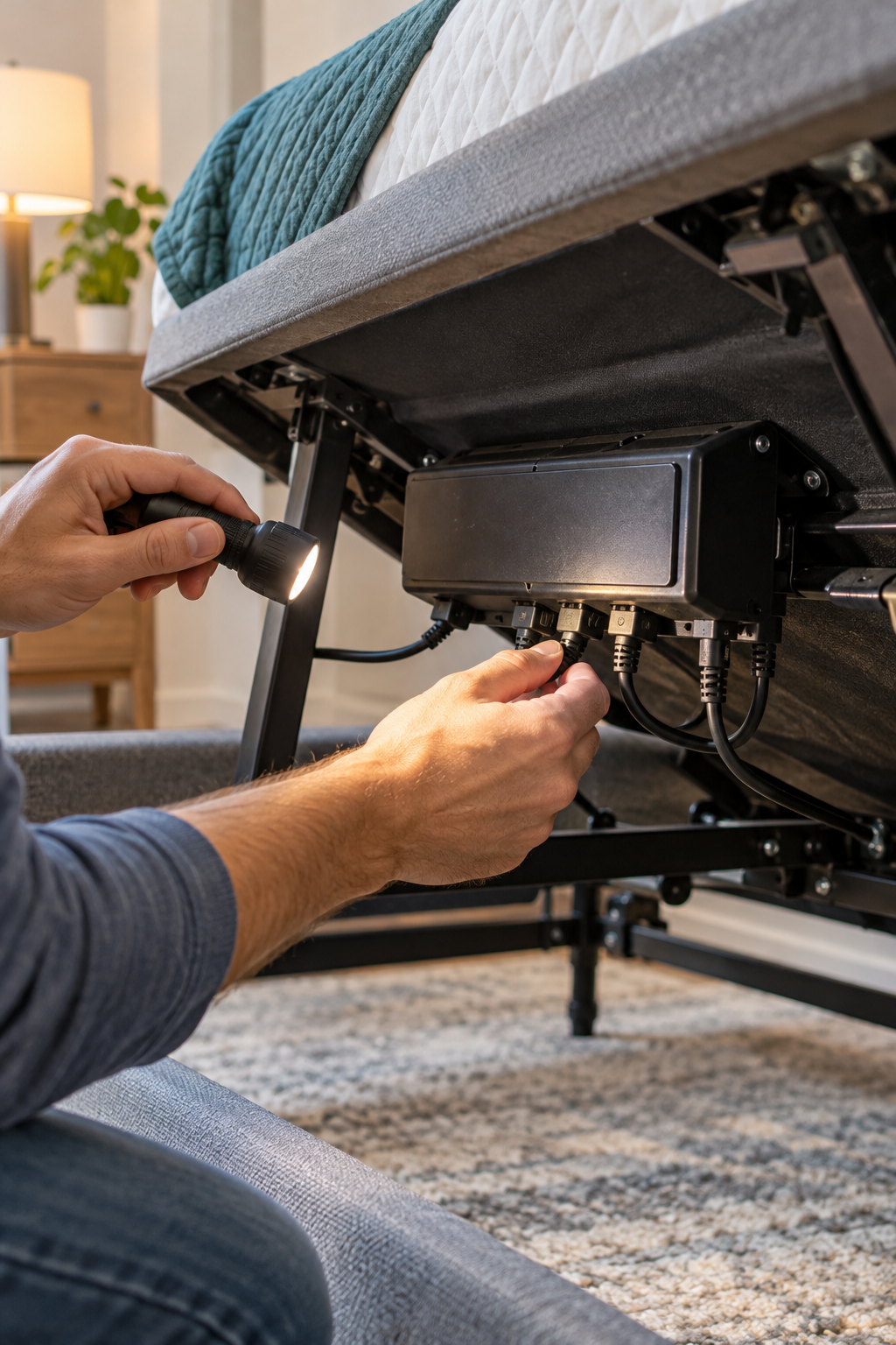 Person inspecting an adjustable bed motor and cable connection under the bed