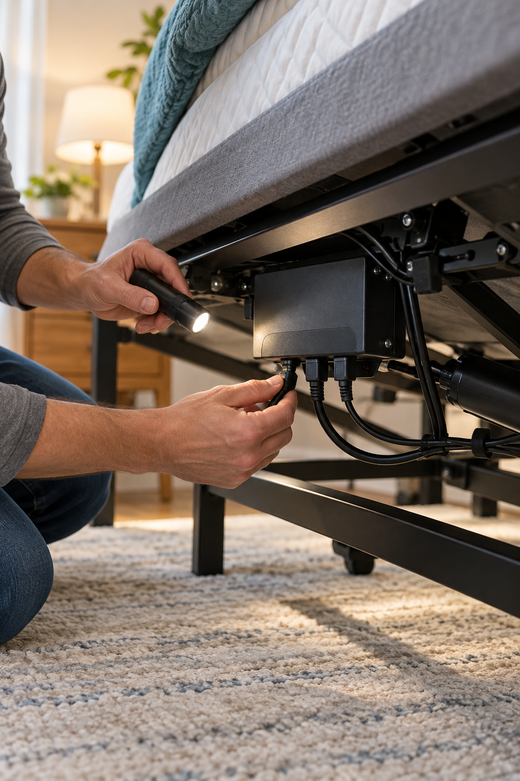 Checking cable connections on an adjustable bed control box under the bed