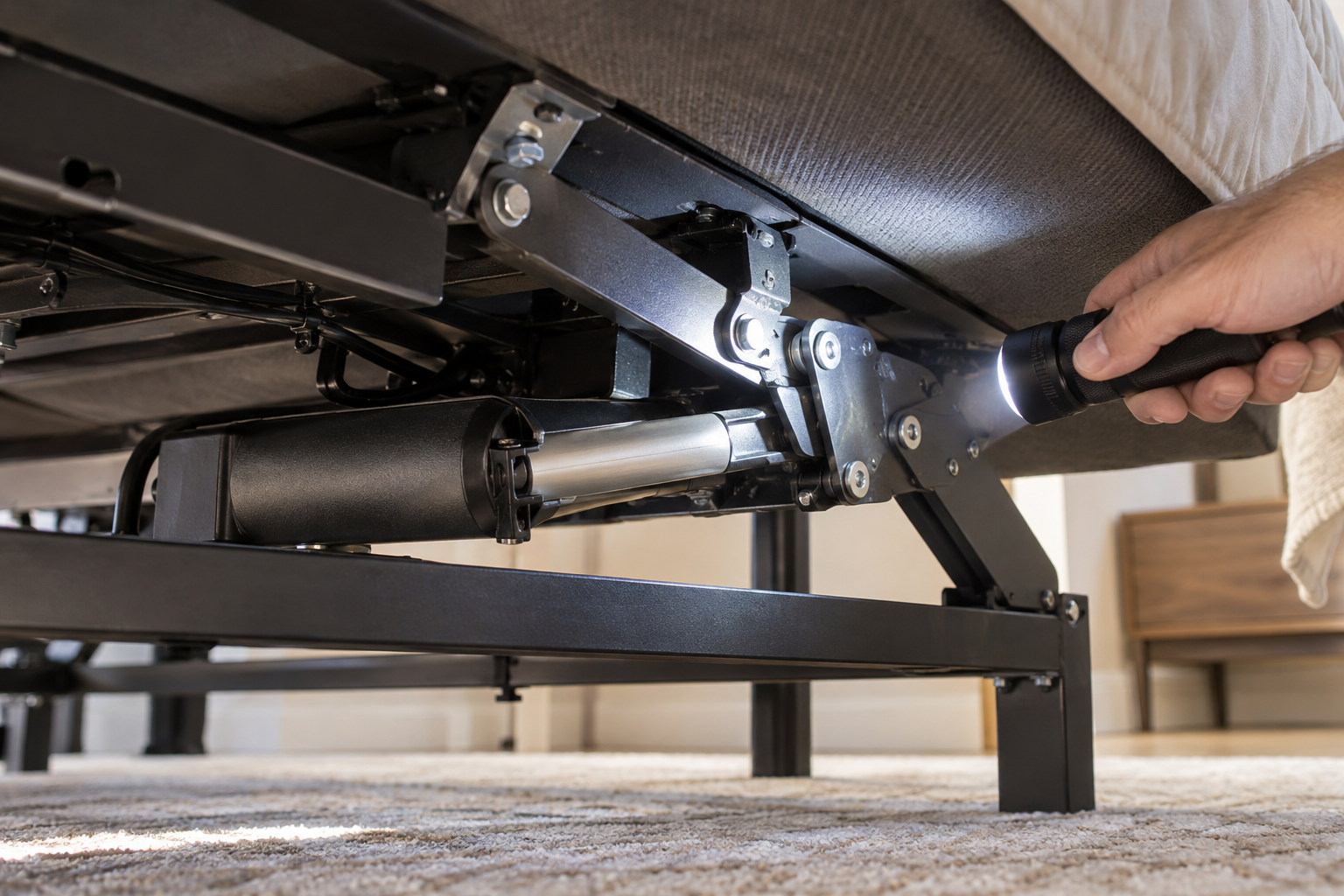 Inspecting an adjustable bed motor and hinge connection for a clicking noise
