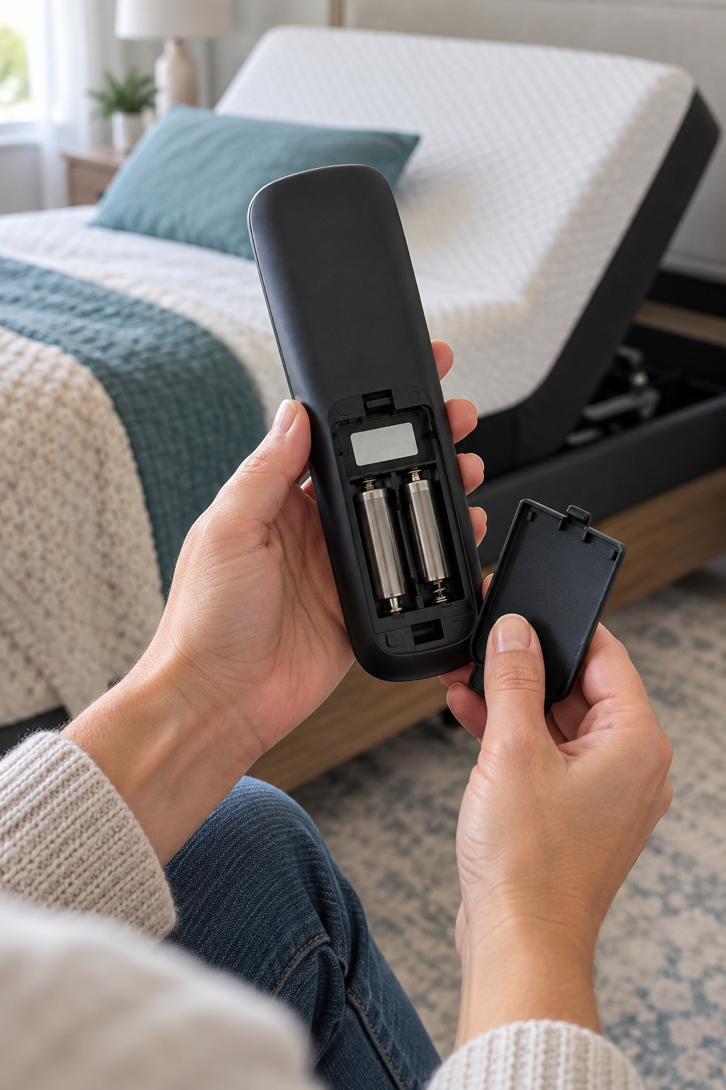 Checking an adjustable bed remote model label inside the battery compartment