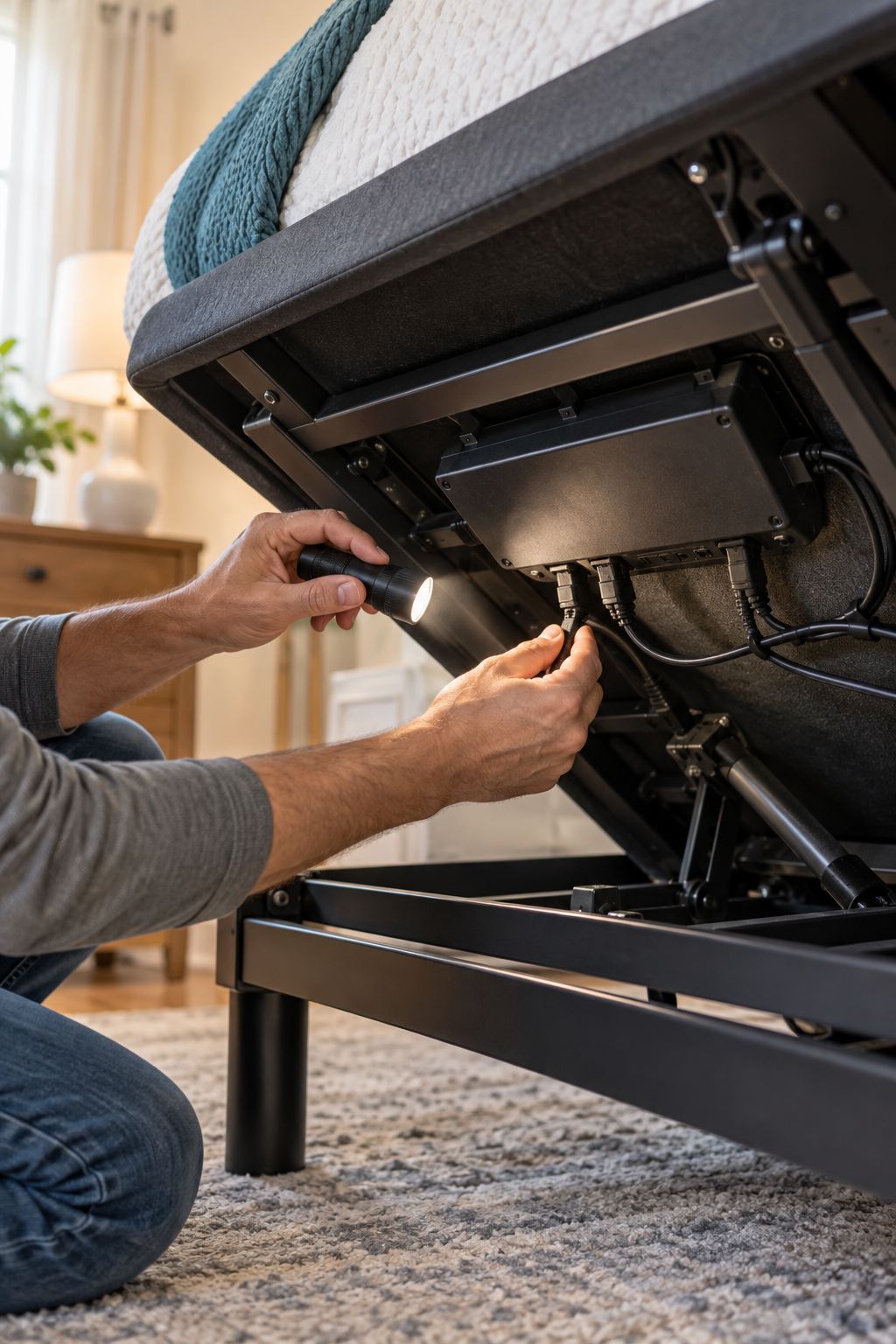 Person checking an adjustable bed motor and cable connection under the bed