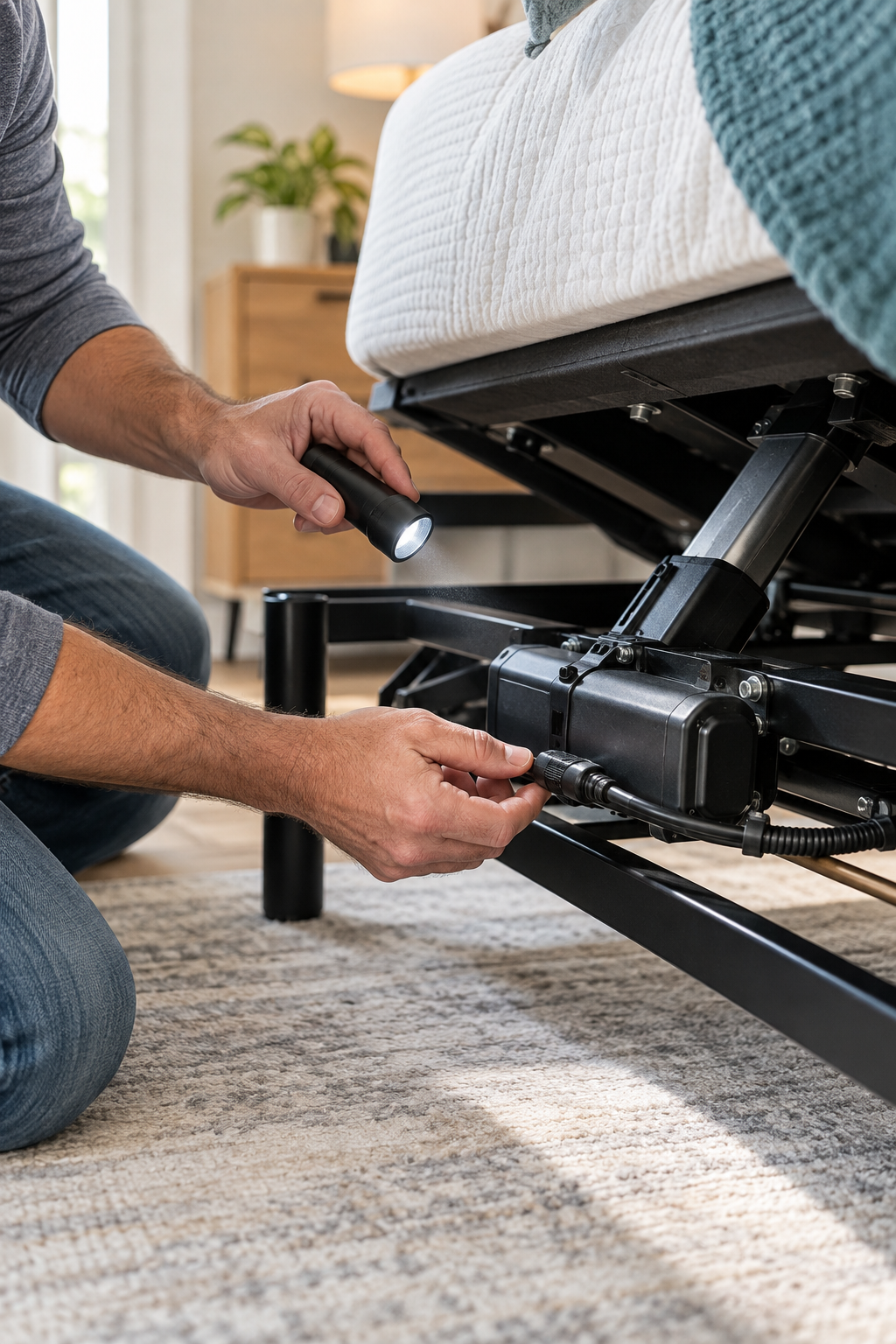 Person checking cable connections on an adjustable bed control box