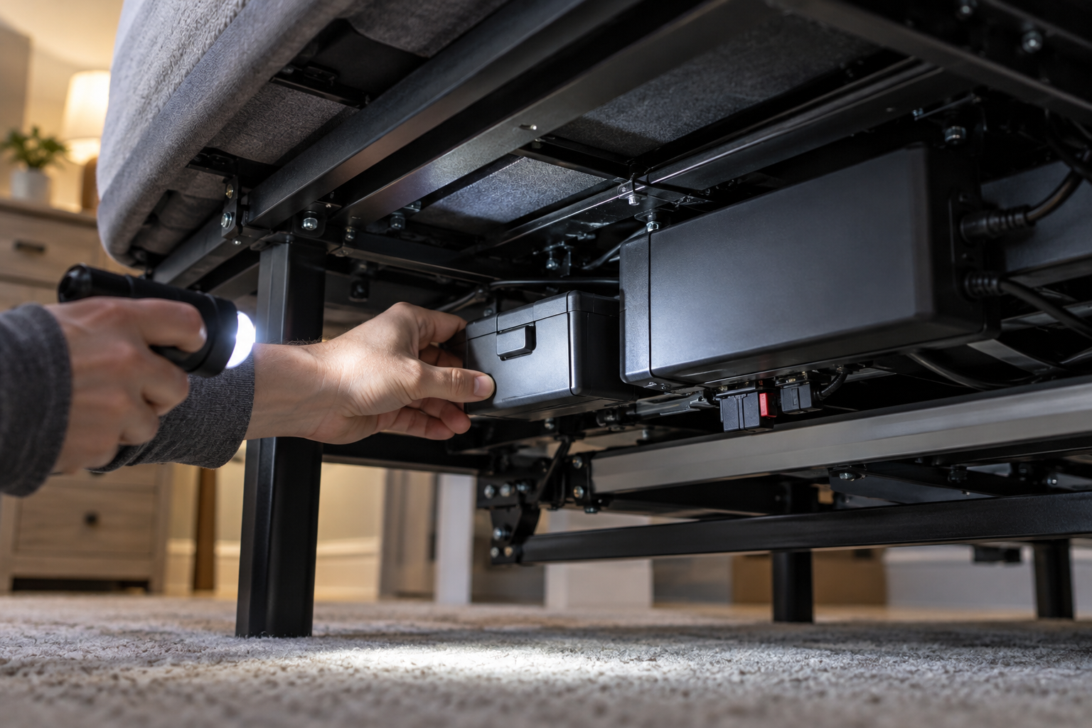 Finding the emergency battery backup under an adjustable bed base