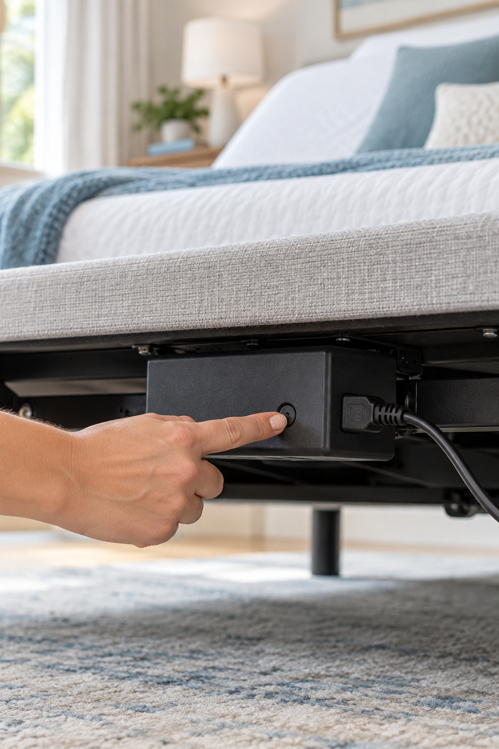 Pressing the reset button on an adjustable bed control box