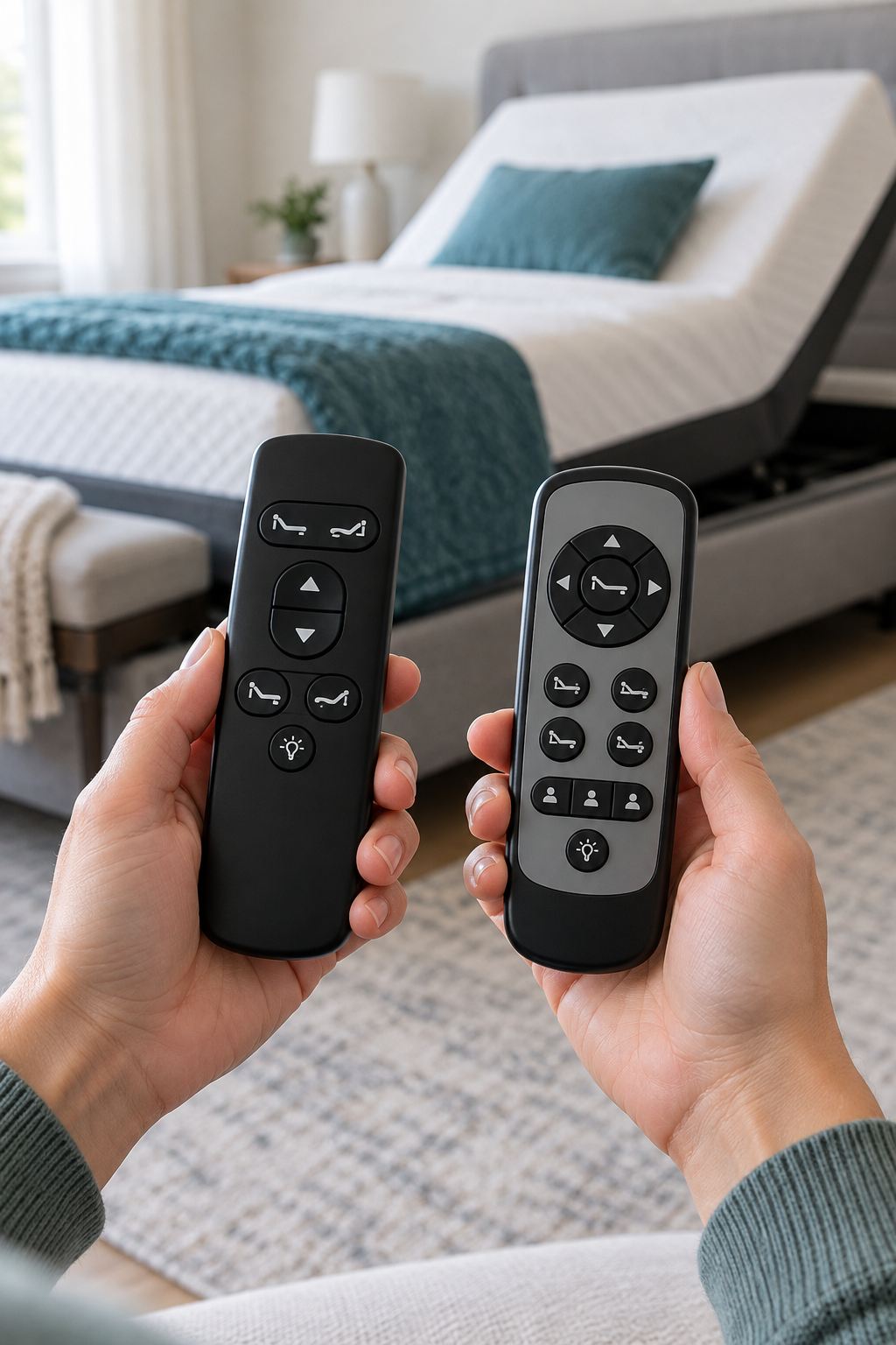 Two different adjustable bed remotes held in front of an adjustable bed
