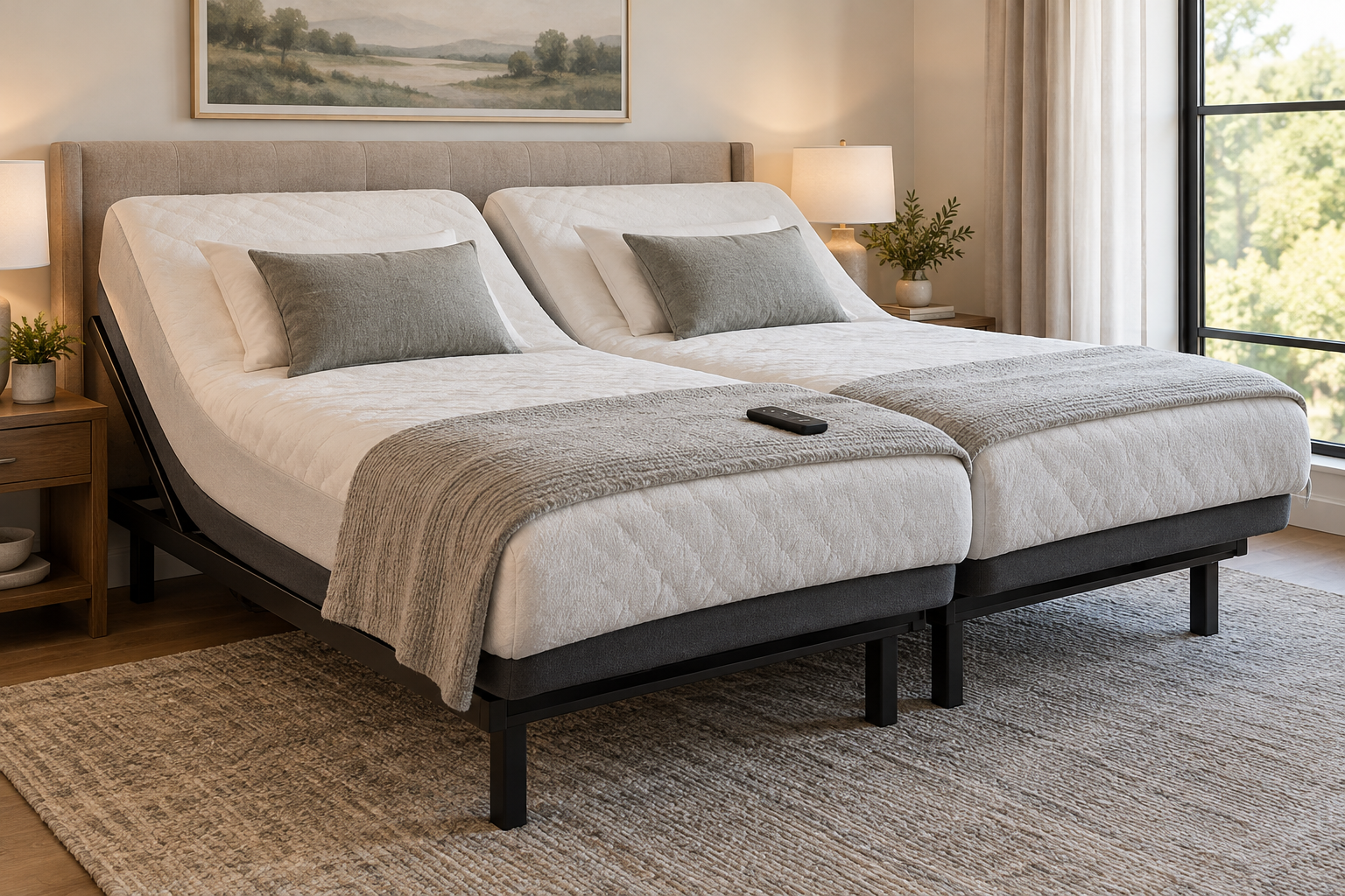 Two adjustable bed bases in a split setup moving together in the same position